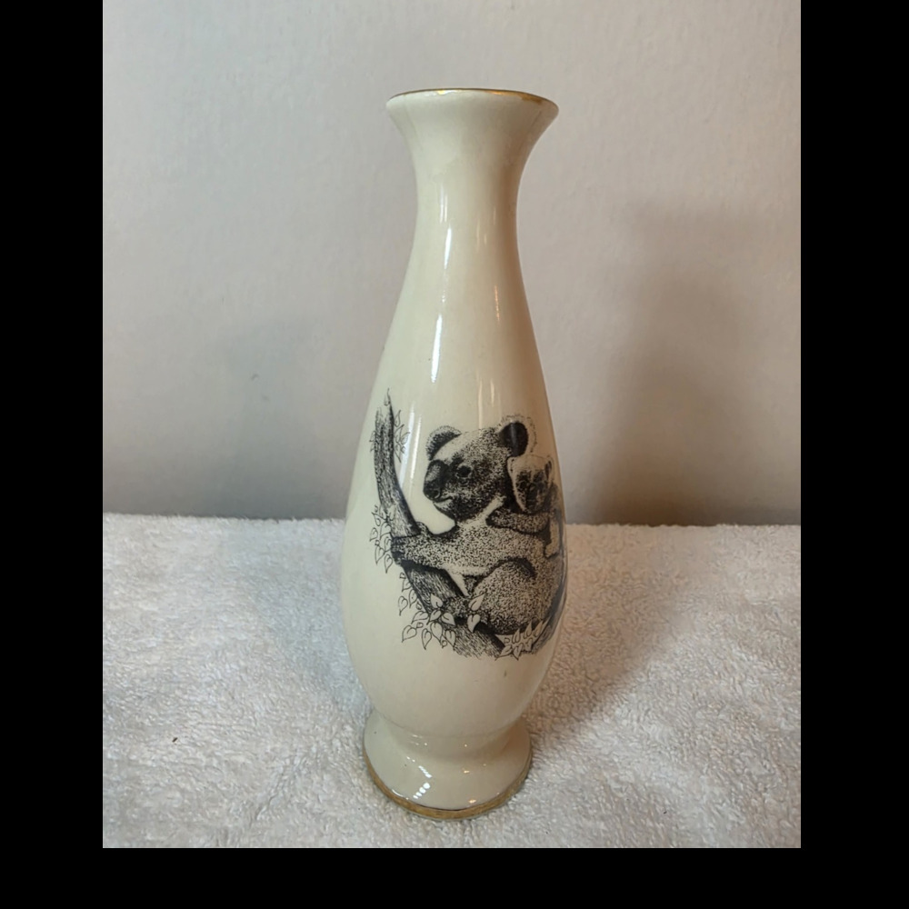 Otagiri OZ-MALL Panda Ceramic Vase Beige Black Gold Rim Japan Vintage 1980s